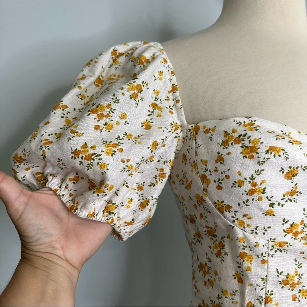 Reformation Andra White Yellow Floral Puff Sleeves Smocked Top Size 6 - Picture 8 of 13